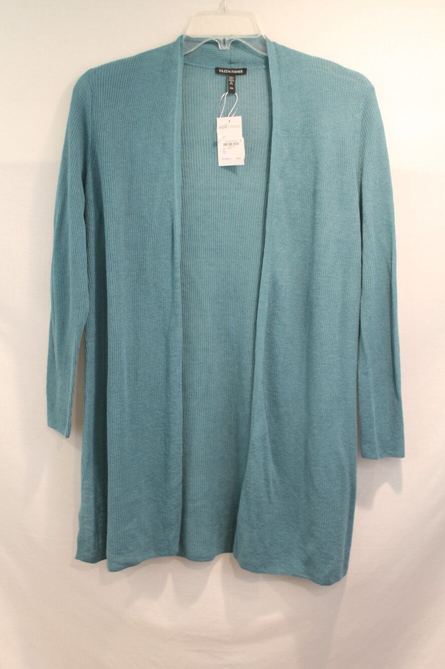 Eileen Fisher Organic Linen Cotton Open Ribbed Cardigan Sweater Womens sz M Blue